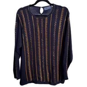 Studio Marisa Christina Womens Gold Beaded Black Sweater Size Large